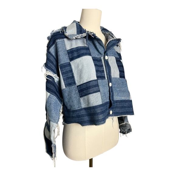 Artisan Upcycled Women’s Jean Jacket Denim Blue Cotton Western Boho M L Cropped - Picture 7 of 9